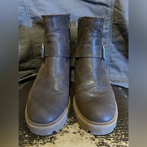 Lucky Brand Leather Slyvin Chocolate Brown Harness Boots Stacked Ankle size 6